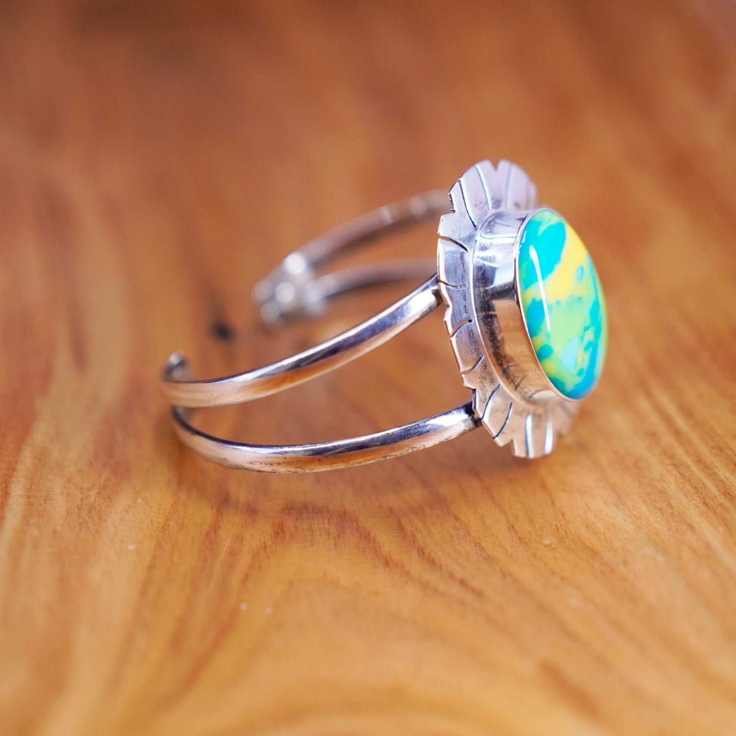 6.5”, antique sterling silver handmade bracelet, 925 cuff aqua blue rain flower