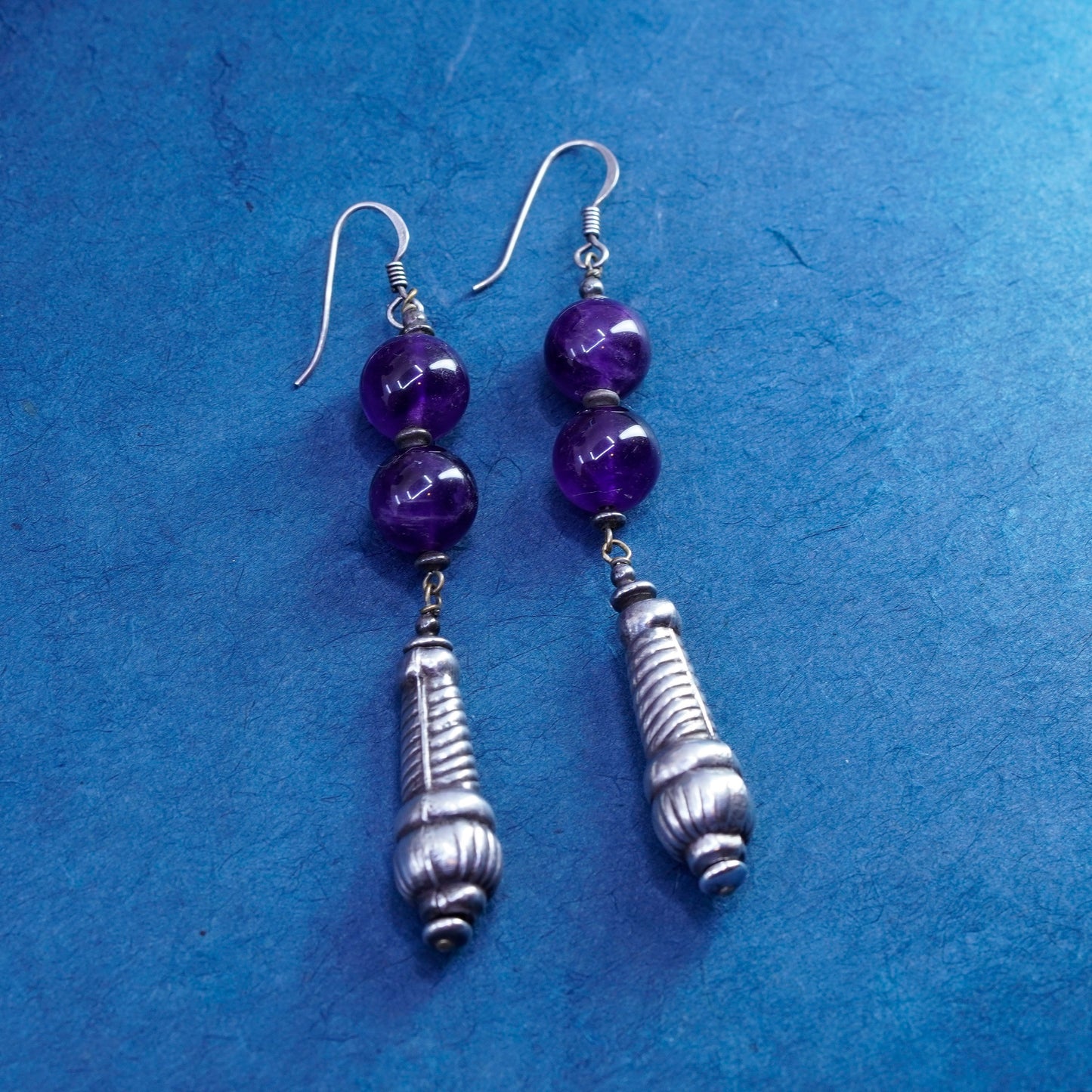 Vintage sterling silver handmade earrings, long 925 teardrop with amethyst