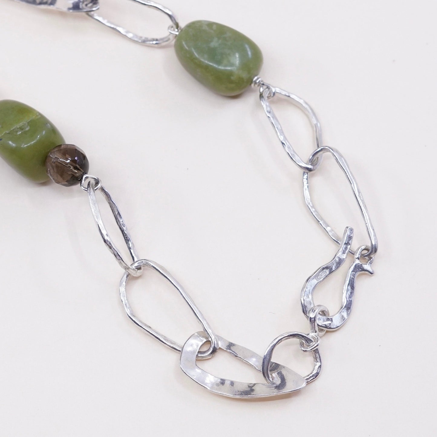 17”, vtg Sterling silver handmade necklace, 925 link chain w/ jade N topaz
