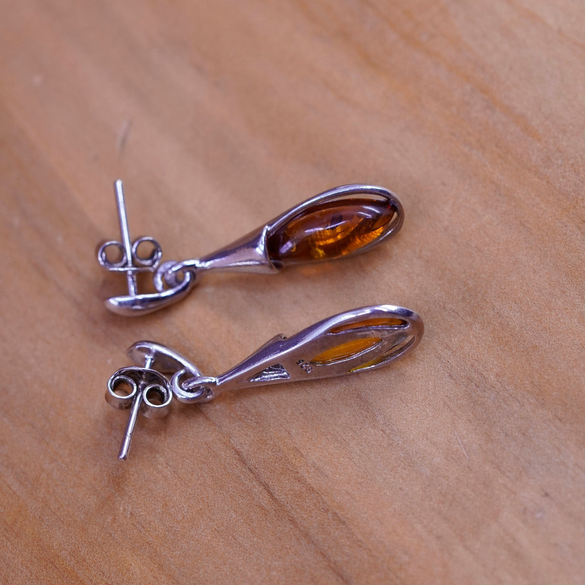 Vintage Sterling 925 silver handmade teardrop earrings with Amber