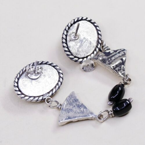 Vtg Amazing handmade Sterling 925 Silver earrings, 925 W/ Jade N Obsidian Dangle