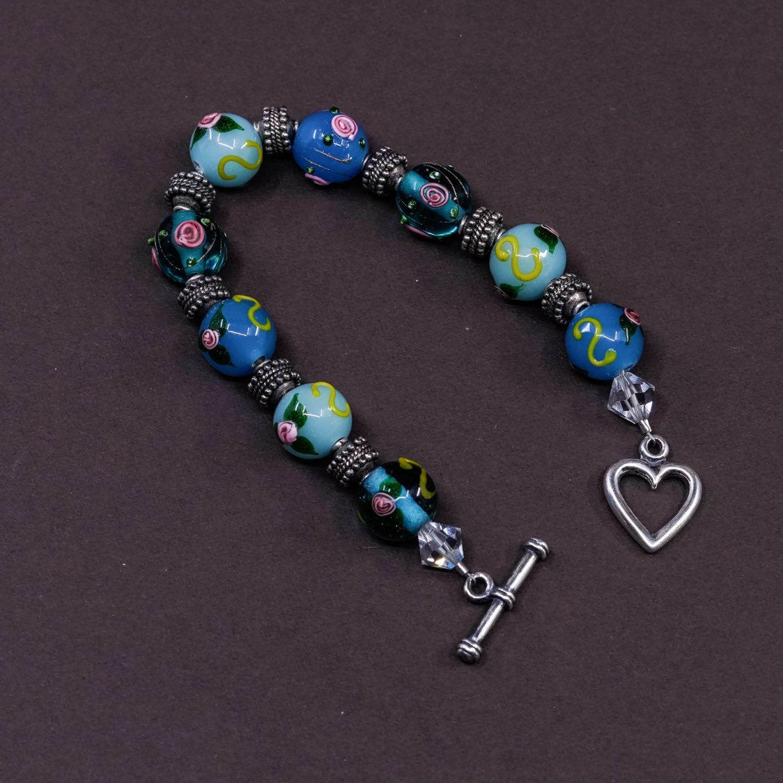 6.25", vtg Sterling 925 silver handmade bracelet, artisan glass beads w/ flower