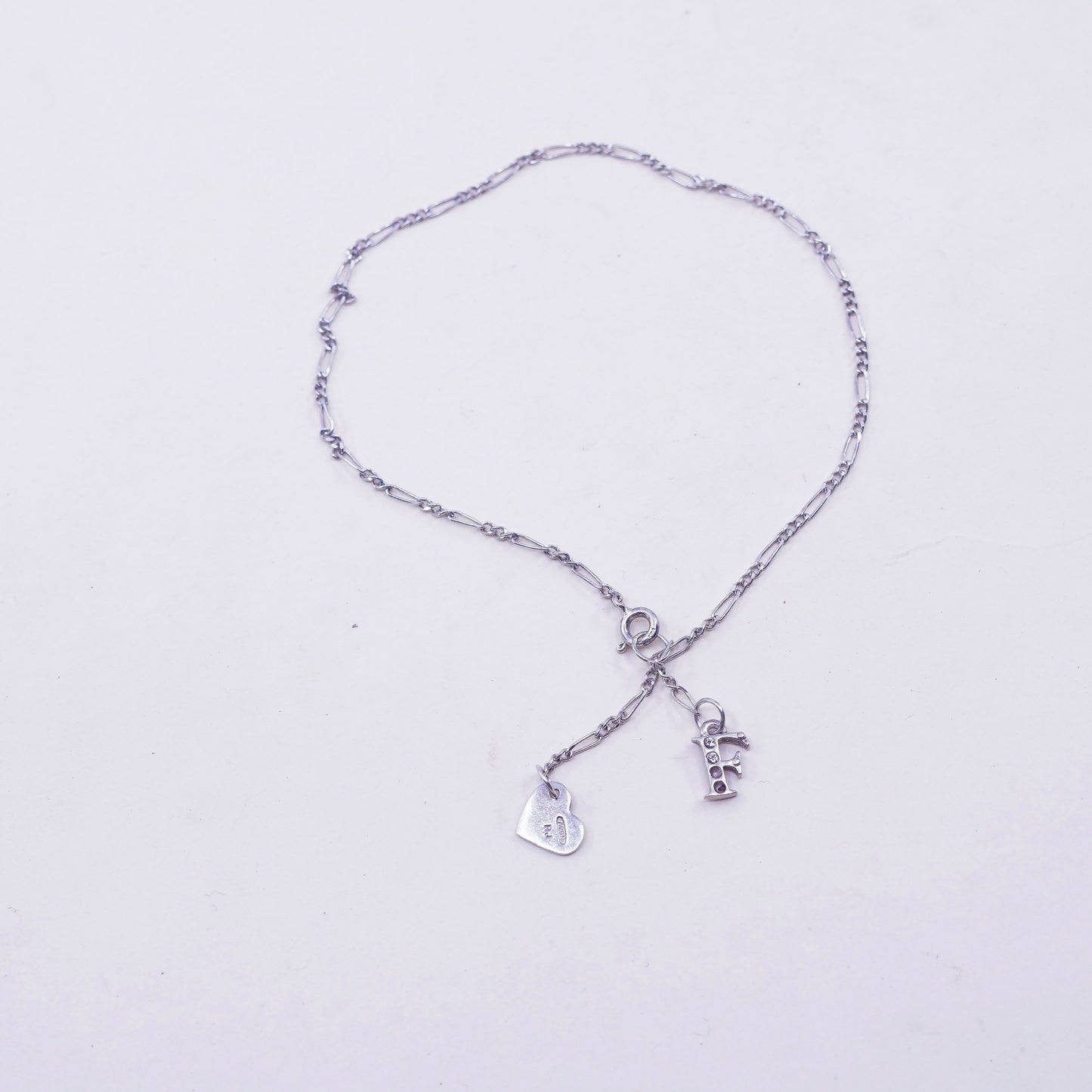 8.5”, Vintage sterling silver Figaro charm bracelet with 925 heart charms