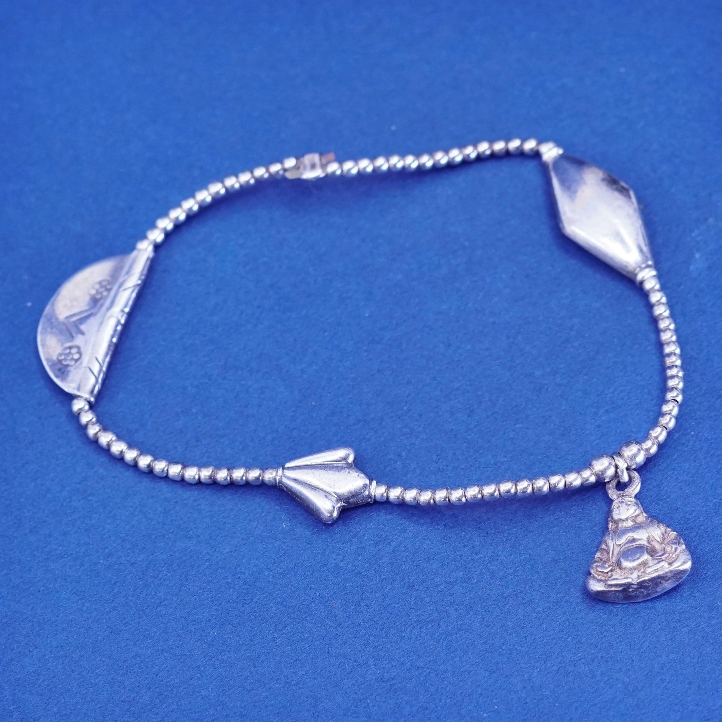 7”, vtg Sterling Silver Handmade Bracelet, 925 beads chain with Buddha charm