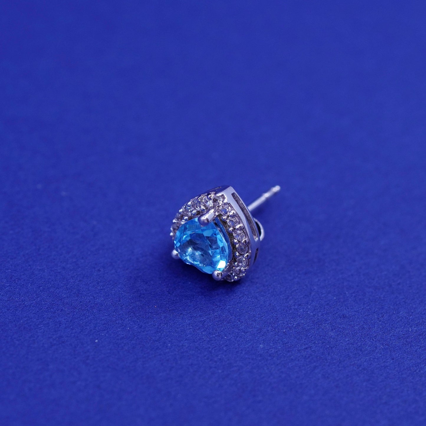 Vintage Sterling silver handmade earrings, 925 heart studs with topaz and cz