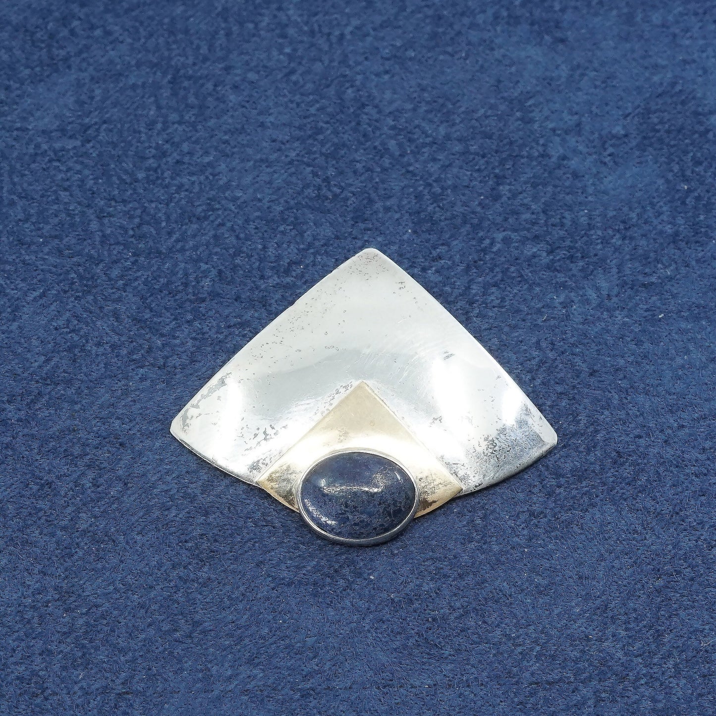 vtg two tone sterling silver handmade pendant, modern charm w/ lapis lazuli