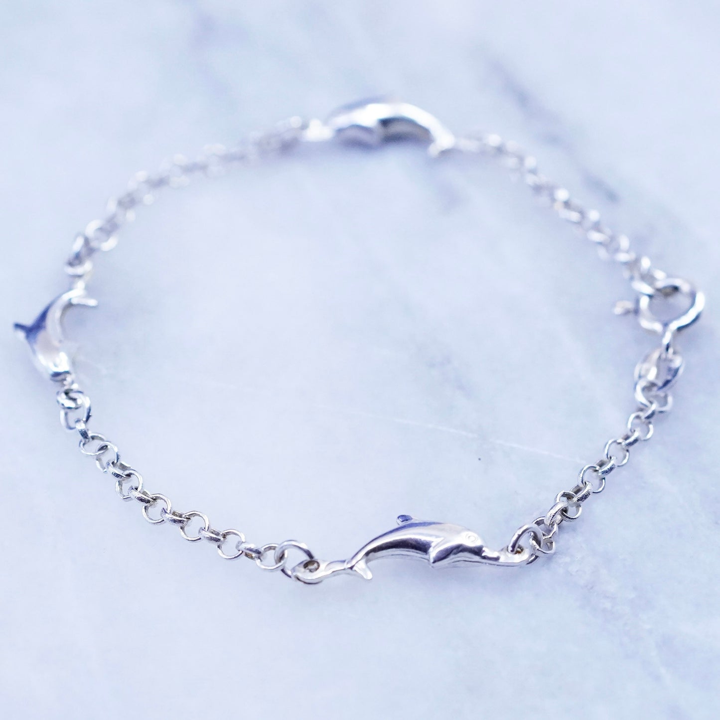 7”, vintage Sterling silver handmade bracelet, 925 circle chain dolphin charms