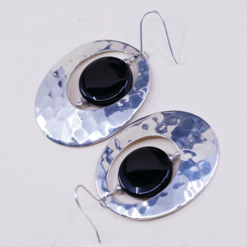 Vintage Sterling Silver Handmade Earrings, 925 Huge Hammered Circle W/ Obsidian