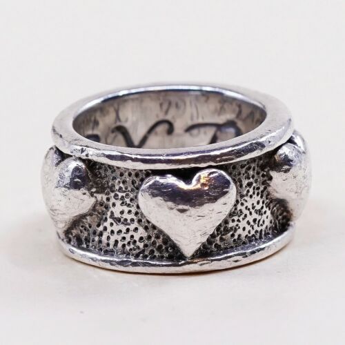 Sz 8, Vtg Exex Sterling Silver Handmade Ring, 925 Silver Band W/ Heart Embossed