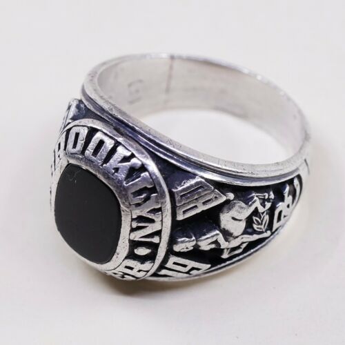 Sz 11.5, 1980s Sterling Silver Ring, 925 Brooklyn Center Statement W/ Obsidian