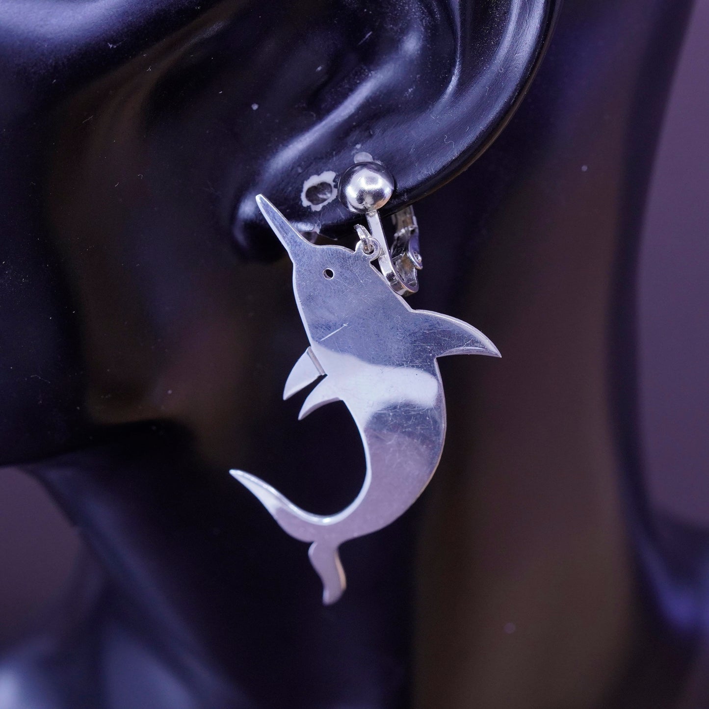 Vintage Sterling silver handmade clip on, 925 dolphin earrings