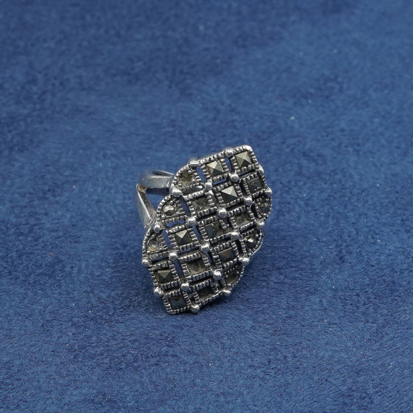 sz 6.5, vtg Sterling silver handmade ring, 925 band w/ marcasite