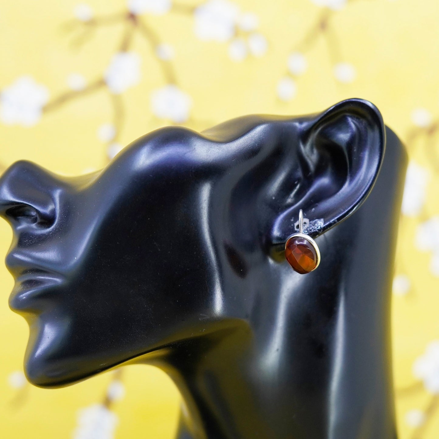 Vintage Sterling 925 silver handmade earrings with oval Amber