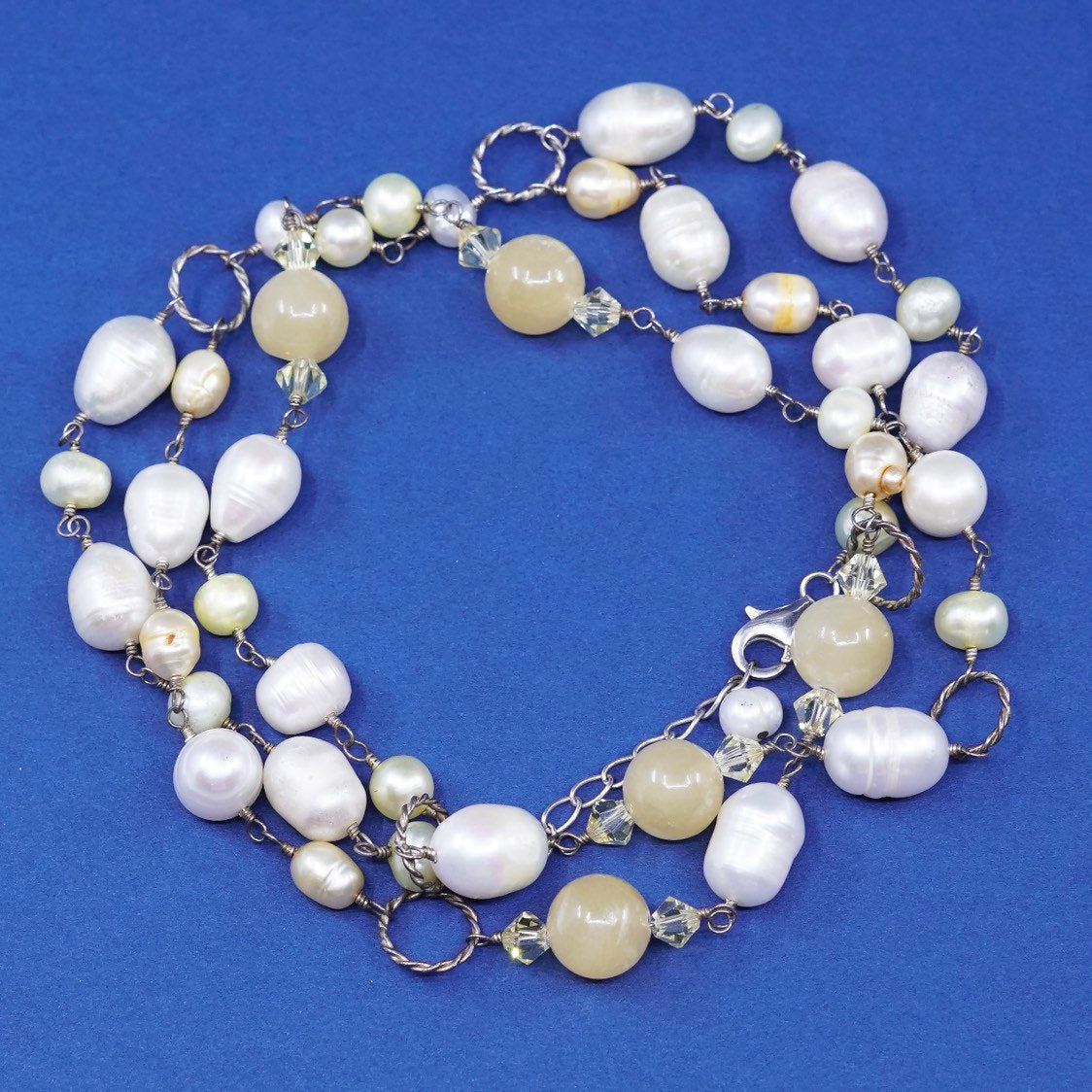 18"+2”, vtg Sterling silver handmade necklace, 925 circle chain w/ pearl beads