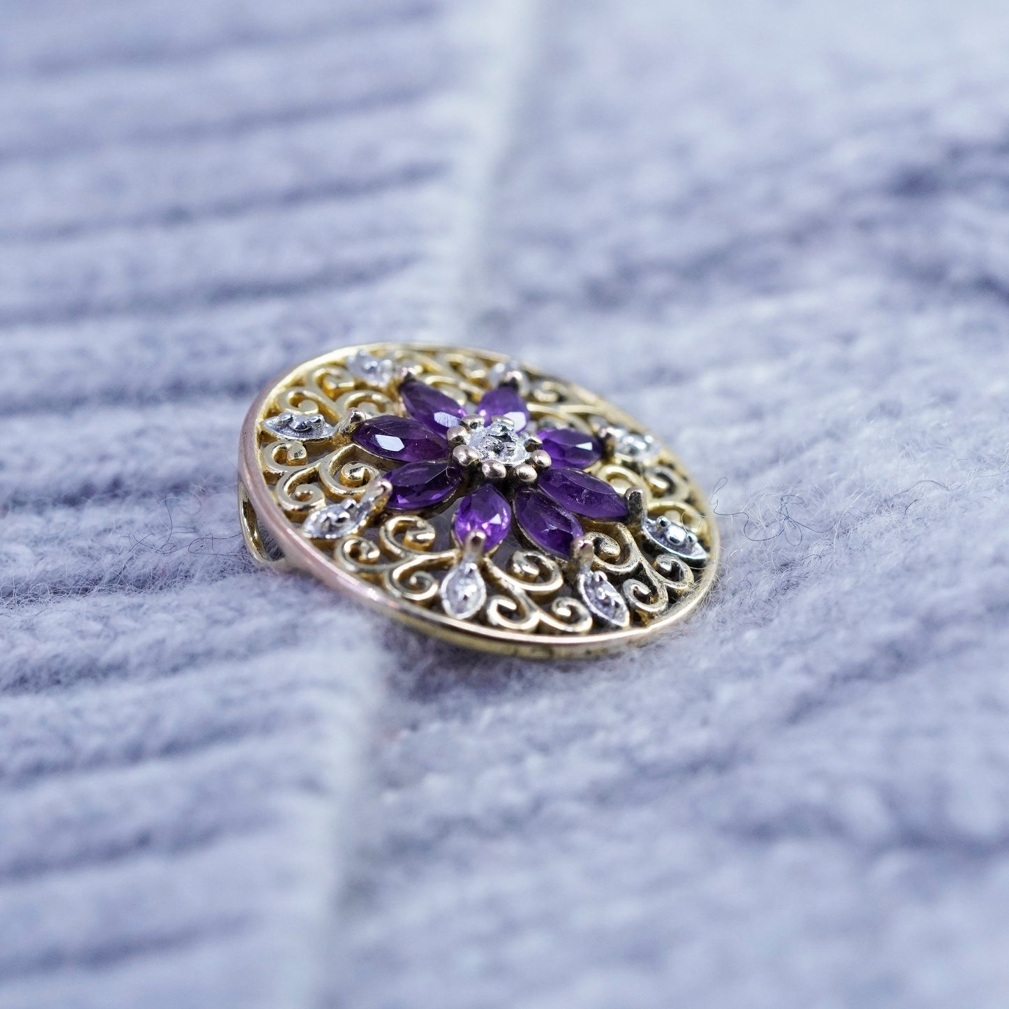 antique PAJ vermeil gold sterling 925 silver flower pendant amethyst diamond