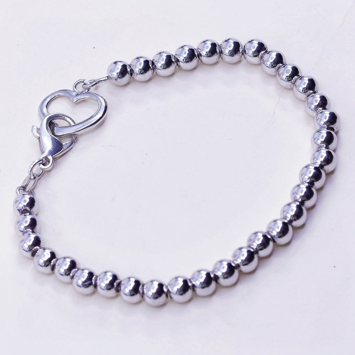 8”, 6mm, Sterling silver handmade bracelet, 925 beads chain with heart charm