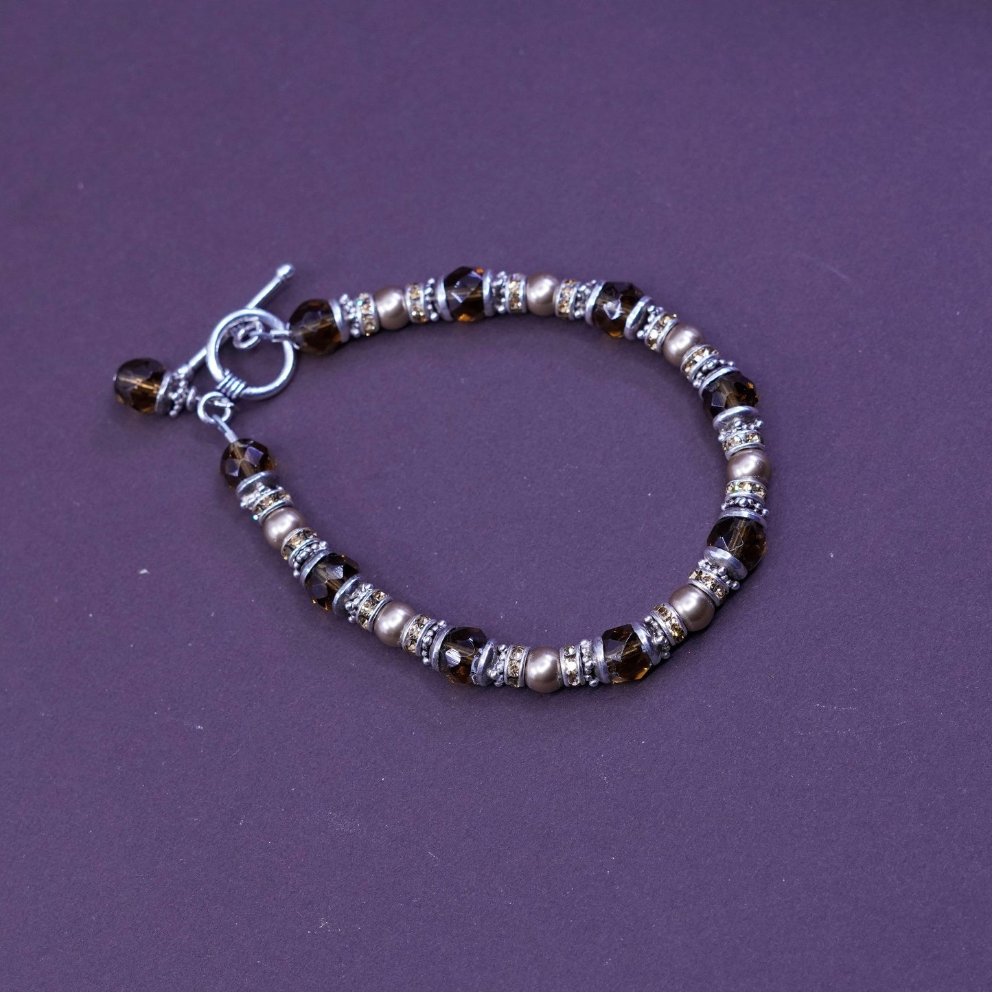 7.25”, Sterling 925 silver beads bracelet with smoky topaz and pearl and Cz