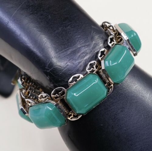 7”, Vintage Statement Sterling Handmade Bracelet, Solid 925 Silver W/ Jade Inlay