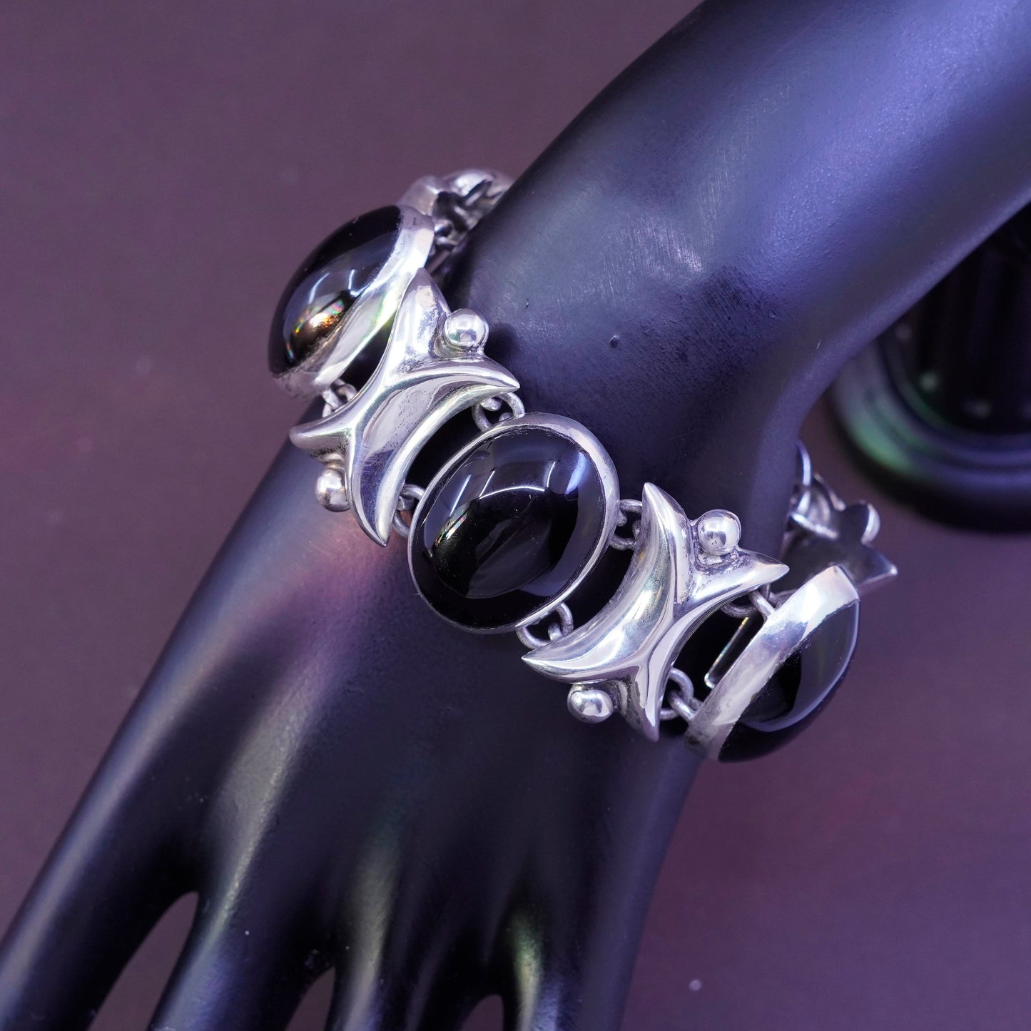 6.5”, vintage Sterling silver handmade bracelet, Mexico 925 link with oval onyx