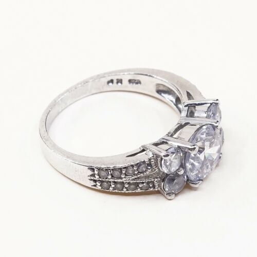 Sz 9, vintage Sterling Ring, 925 Silver Engagement Ring W/ cluster Crystal