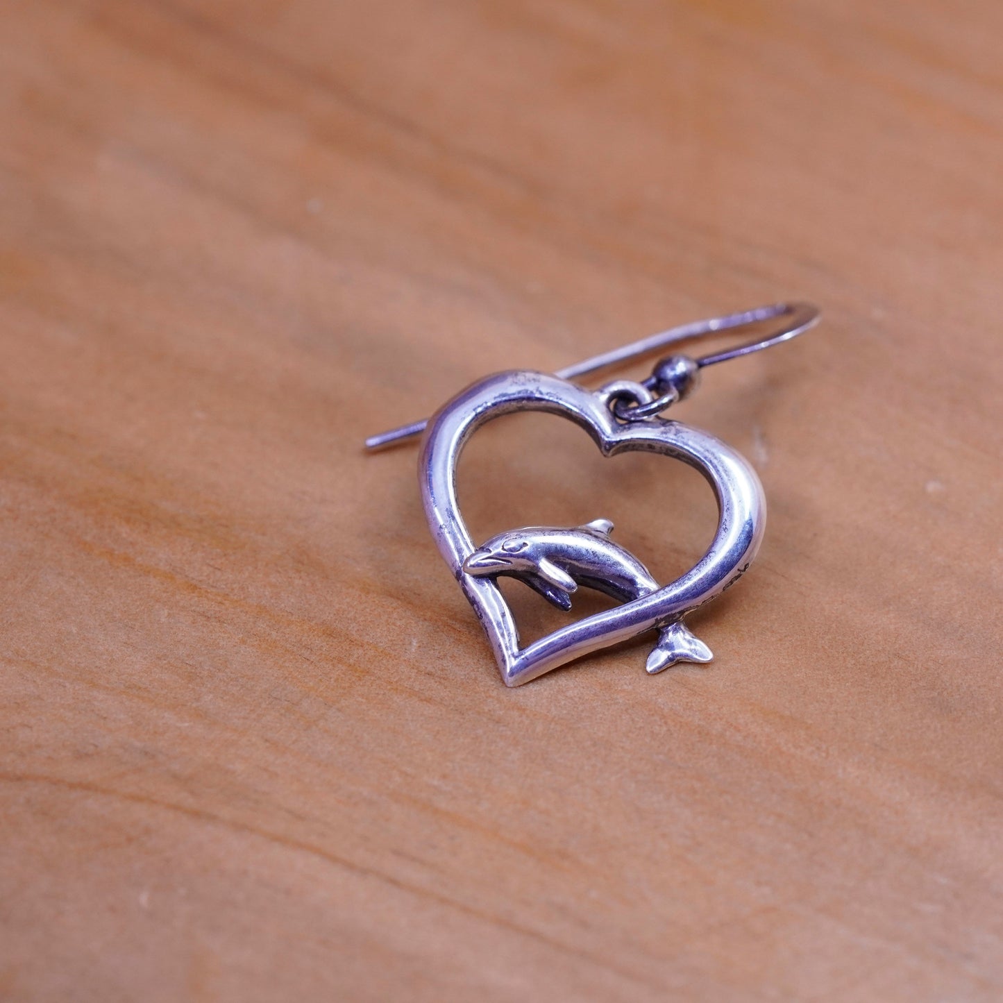 Vintage Sterling silver handmade earrings, 925 heart drops with dolphin