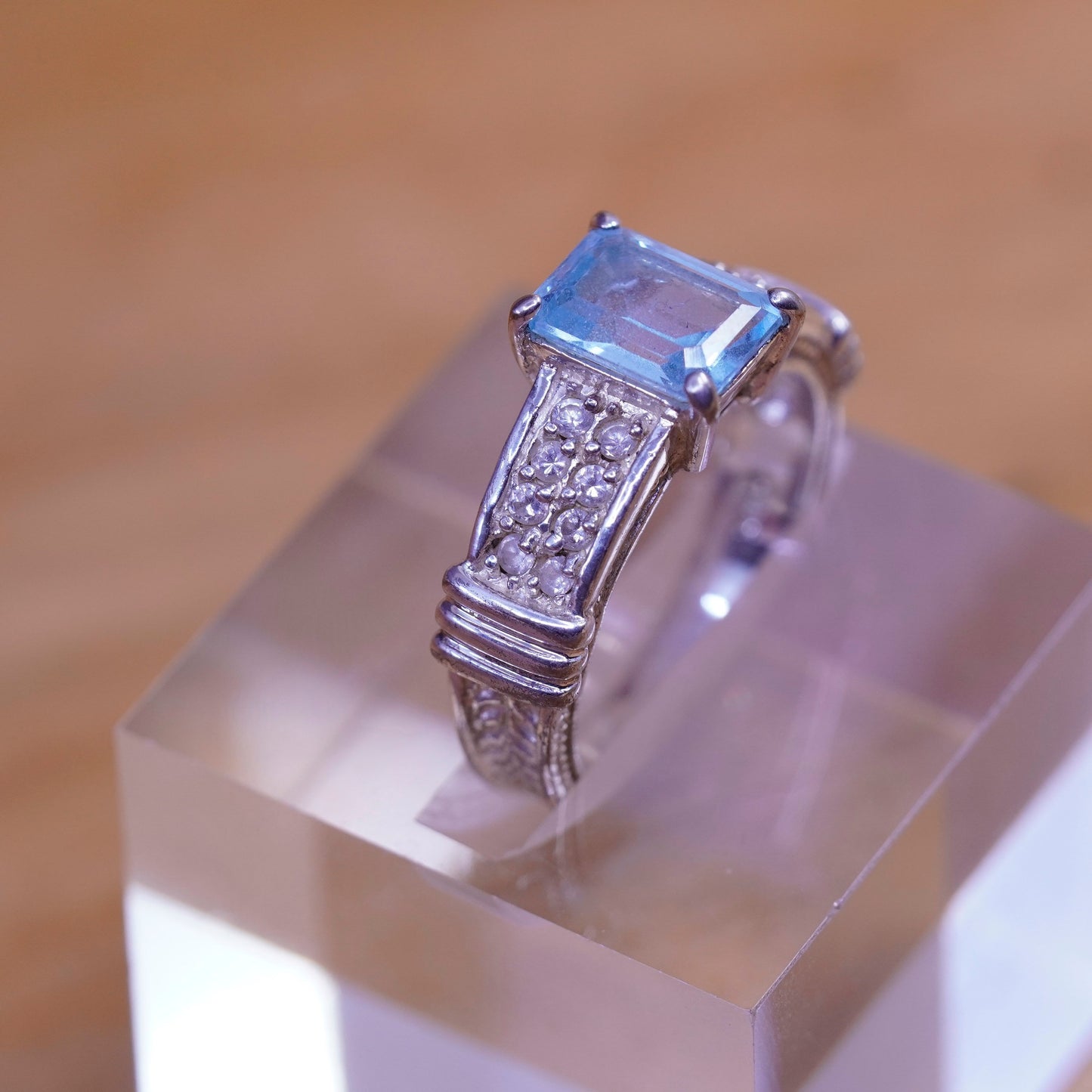Size 8.25, vintage Sterling 925 silver engagement ring with blue topaz and cz
