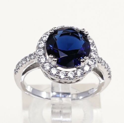 Sz 7.5, Sterling Silver Ring, 925 Silver Engagement Ring W/ Round blue Sapphire
