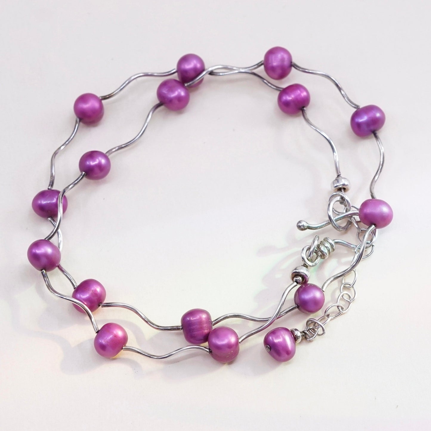 16”+2”, vtg Sterling silver handmade necklace, 925 liquid chain W/ pink pearl