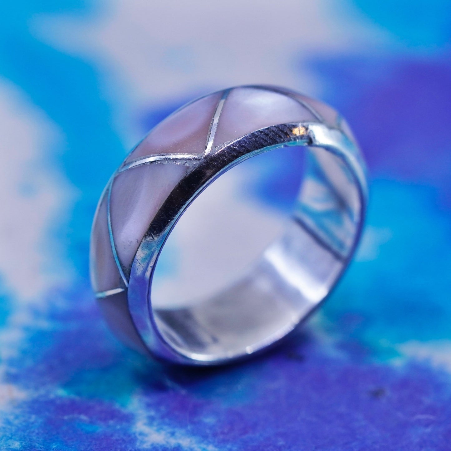 Size 5, vtg Sterling silver handmade swirl ring, 925 band pink mother of pearl