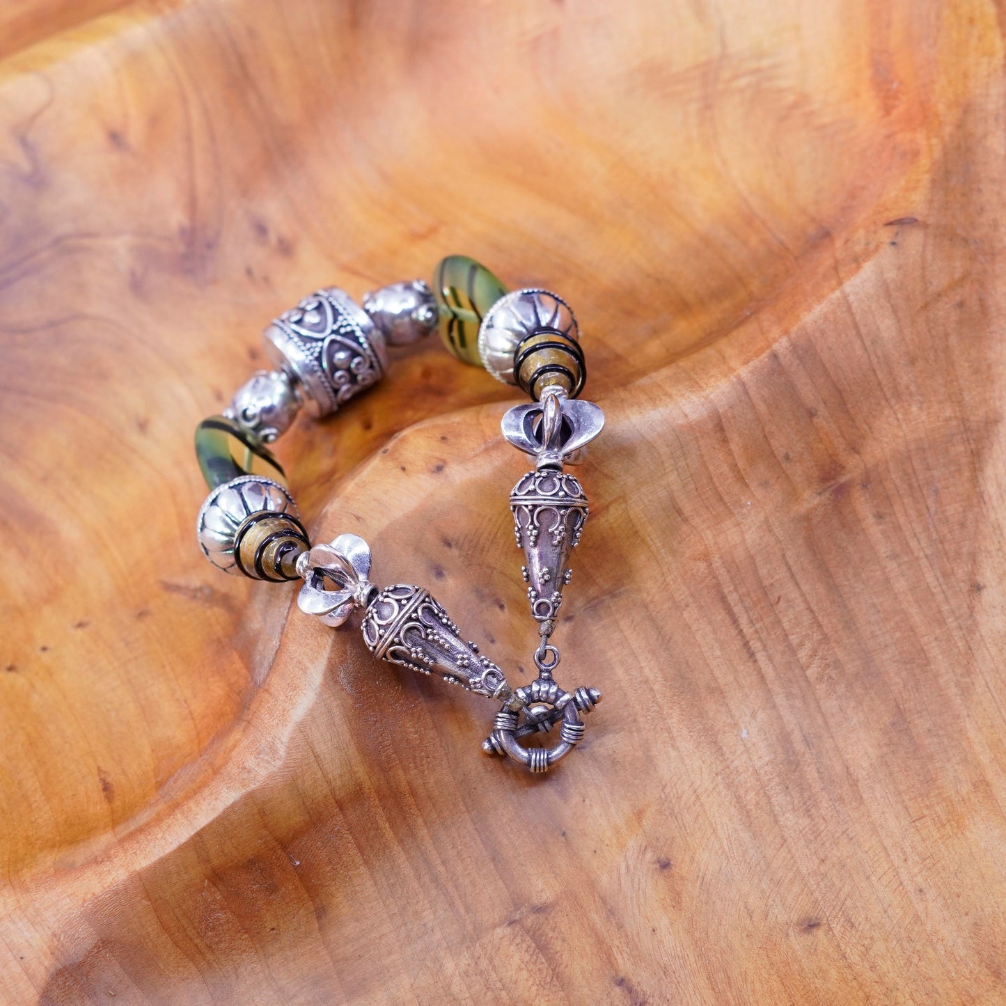 6.25”, sterling silver handmade bracelet, heart glass bracelet w/ 925 bail bead