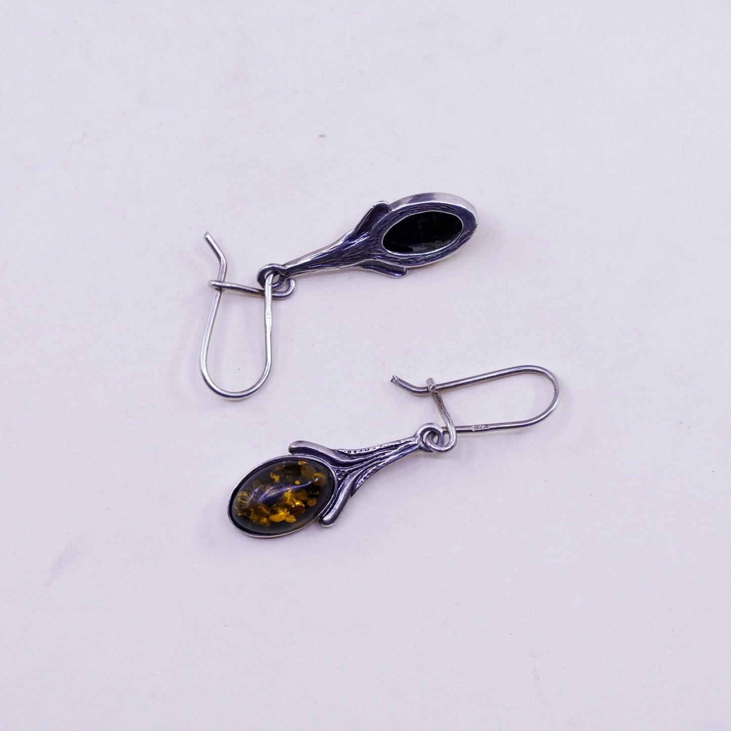 Vintage sterling 925 silver handmade earrings with oval Amber