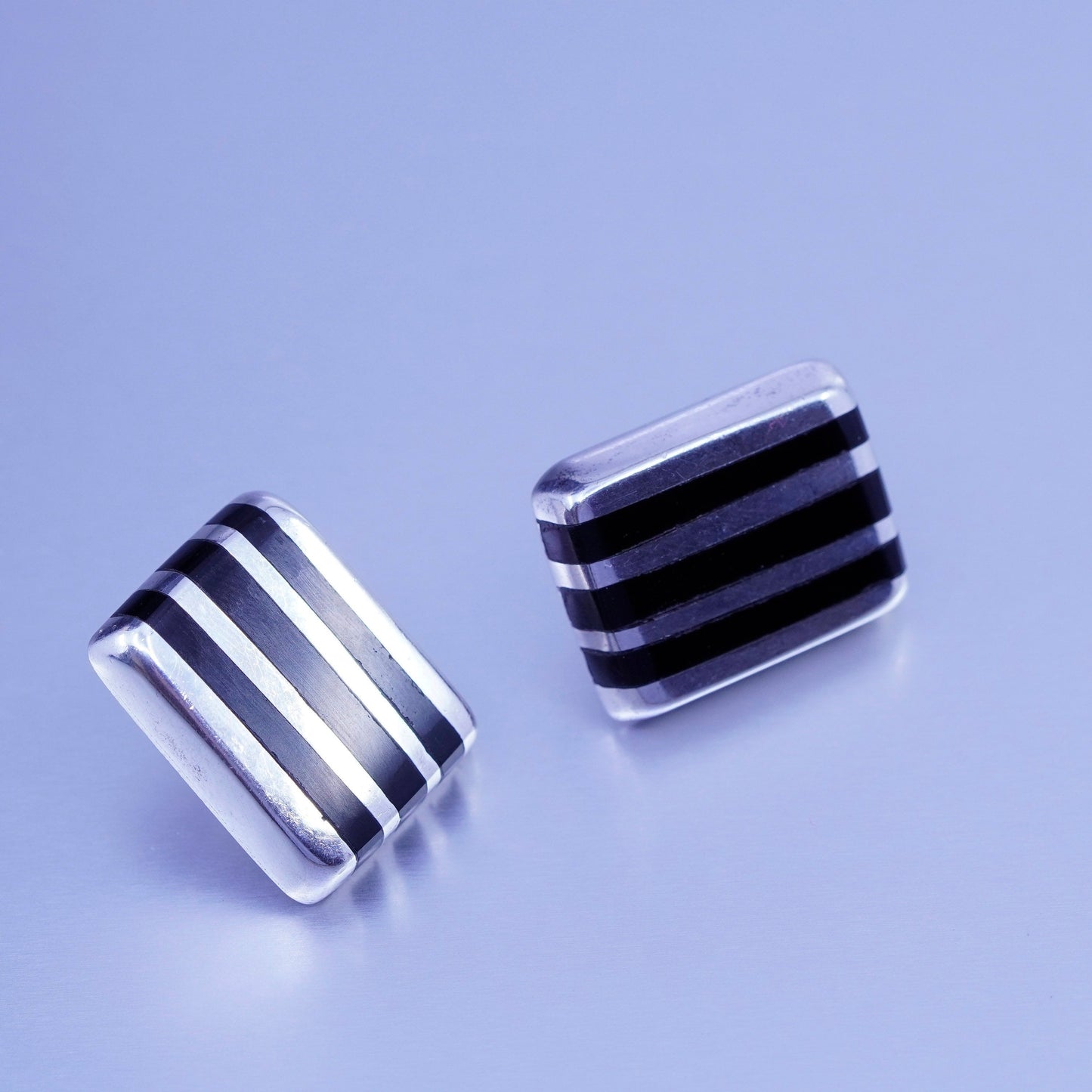 Vintage Sterling 925 silver handmade earrings, textured square studs with onyx