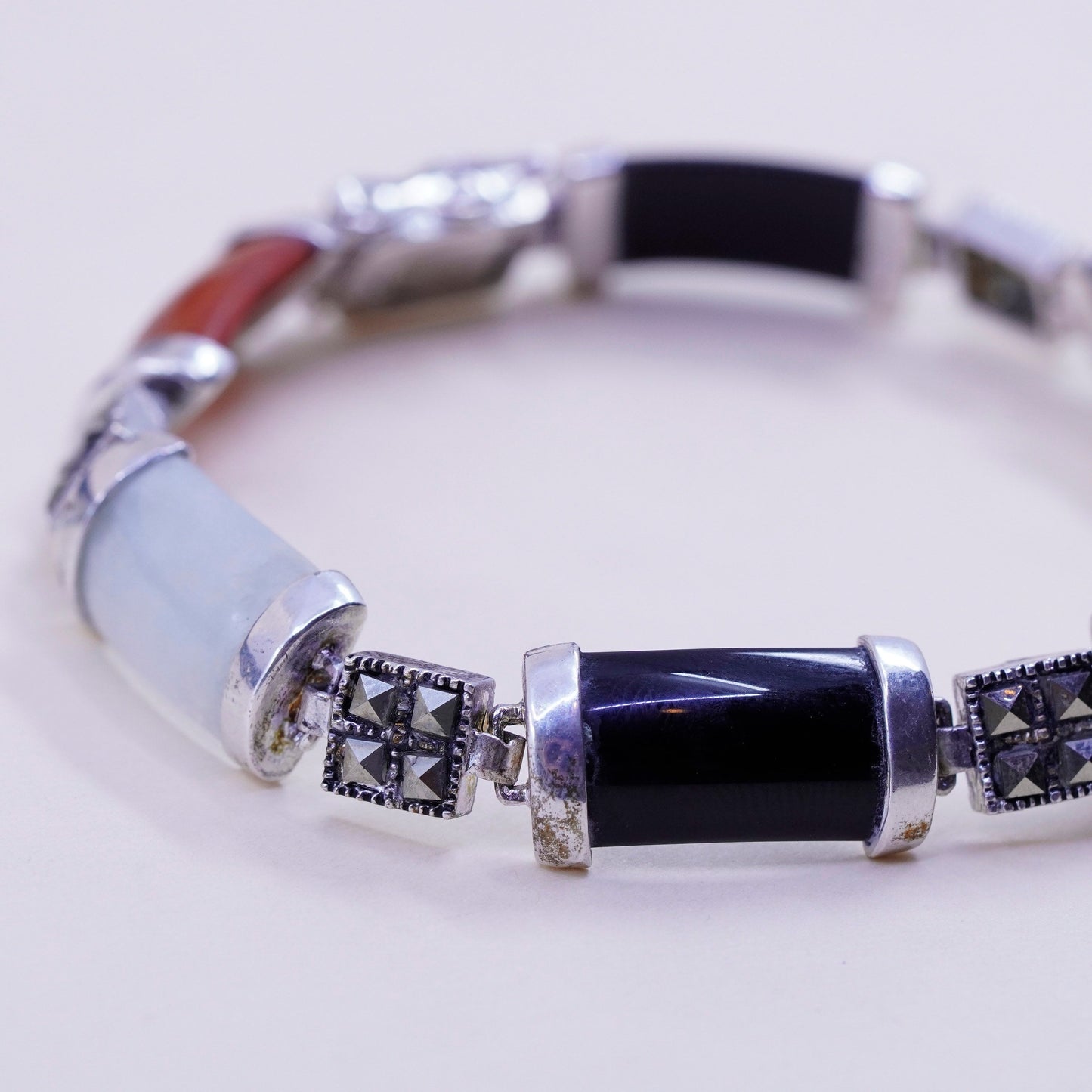 7.25”, sterling 925 silver bracelet jade, carnelian, obsidian bar marcasite