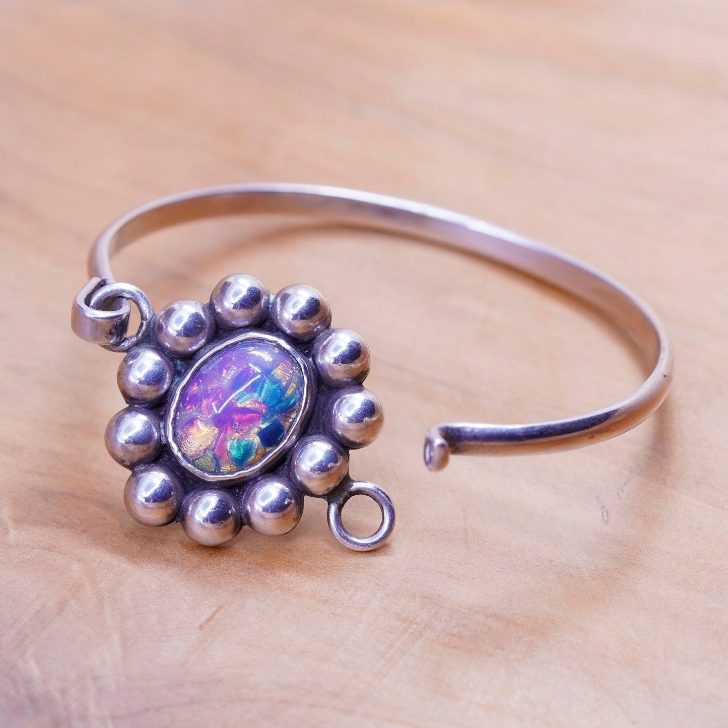 6.75”, Sterling silver bracelet, Mexico 925 hinged bangle dragon breath glass