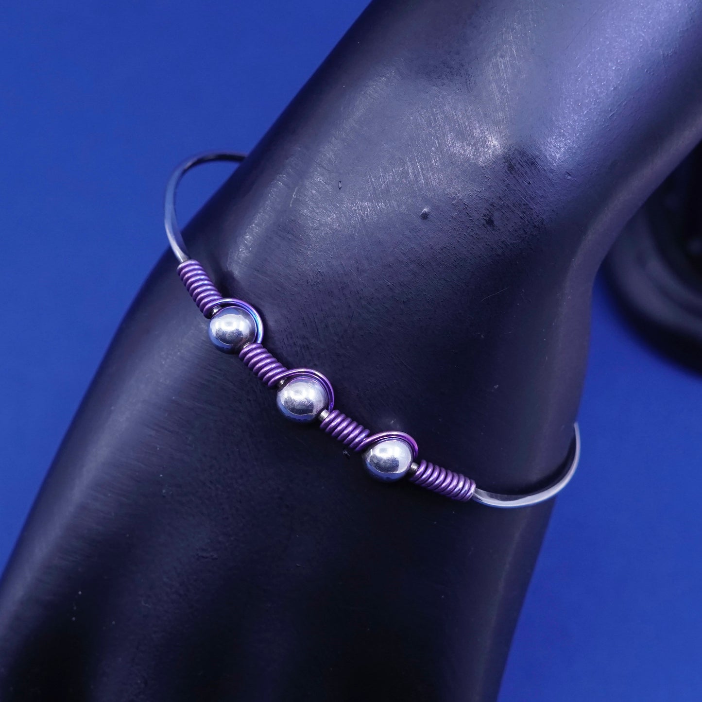 6”, vintage Sterling silver handmade bracelet, 925 hinged bangle with beads