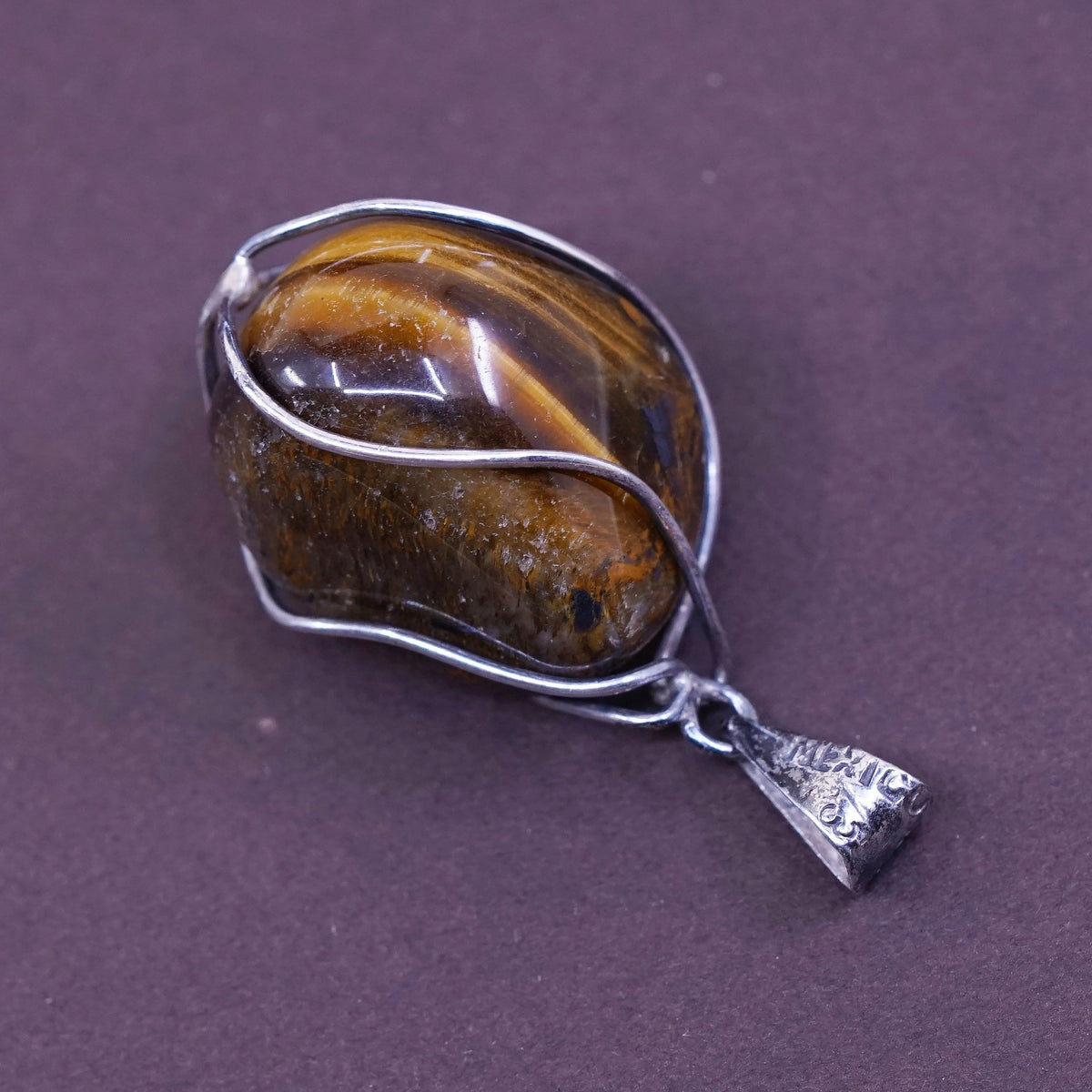 vtg Mexico Sterling 925 silver handmade pendant with golden tiger eye pendant