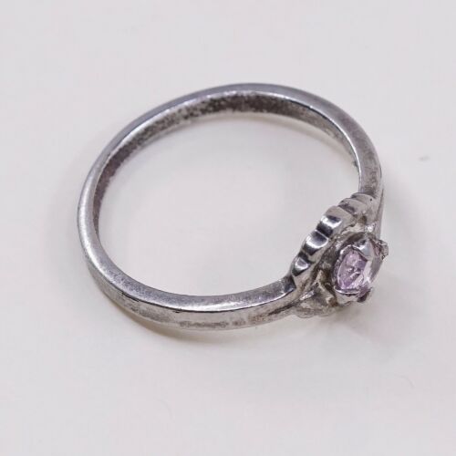 Sz 4, Vtg Sterling Silver Ring, 925 Silver Engagement Ring W/ pink Crystal