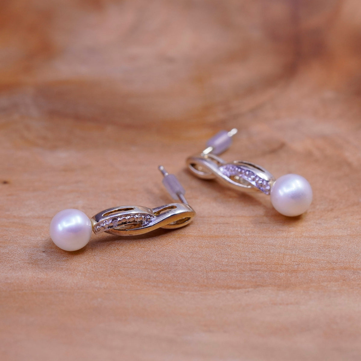 Vintage vermeil gold over Sterling 925 silver earrings with diamond and pearl