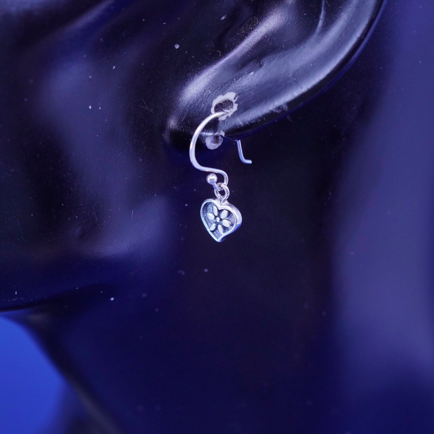Vintage Sterling silver handmade earrings, 925 heart with flower pattern relief