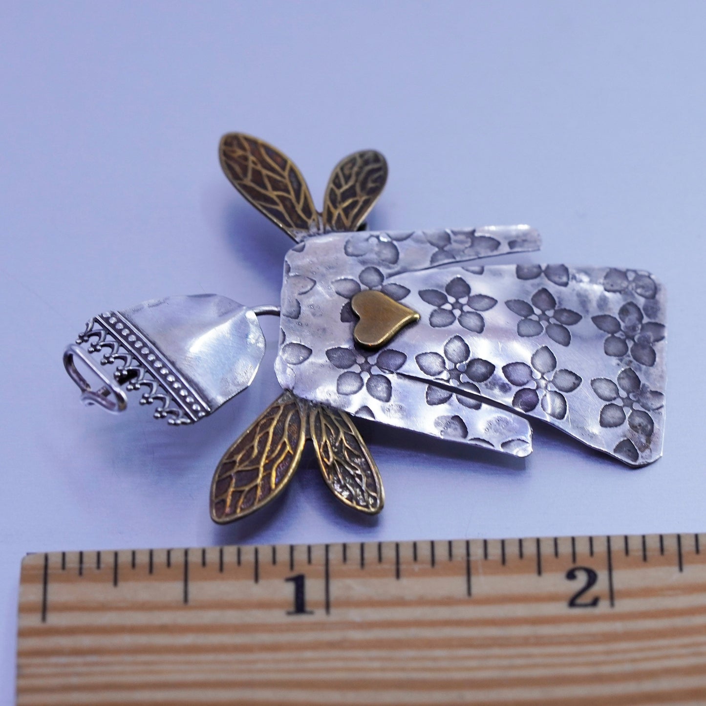 Rita Native American Sterling 925 silver handmade Angel brooch pin copper heart