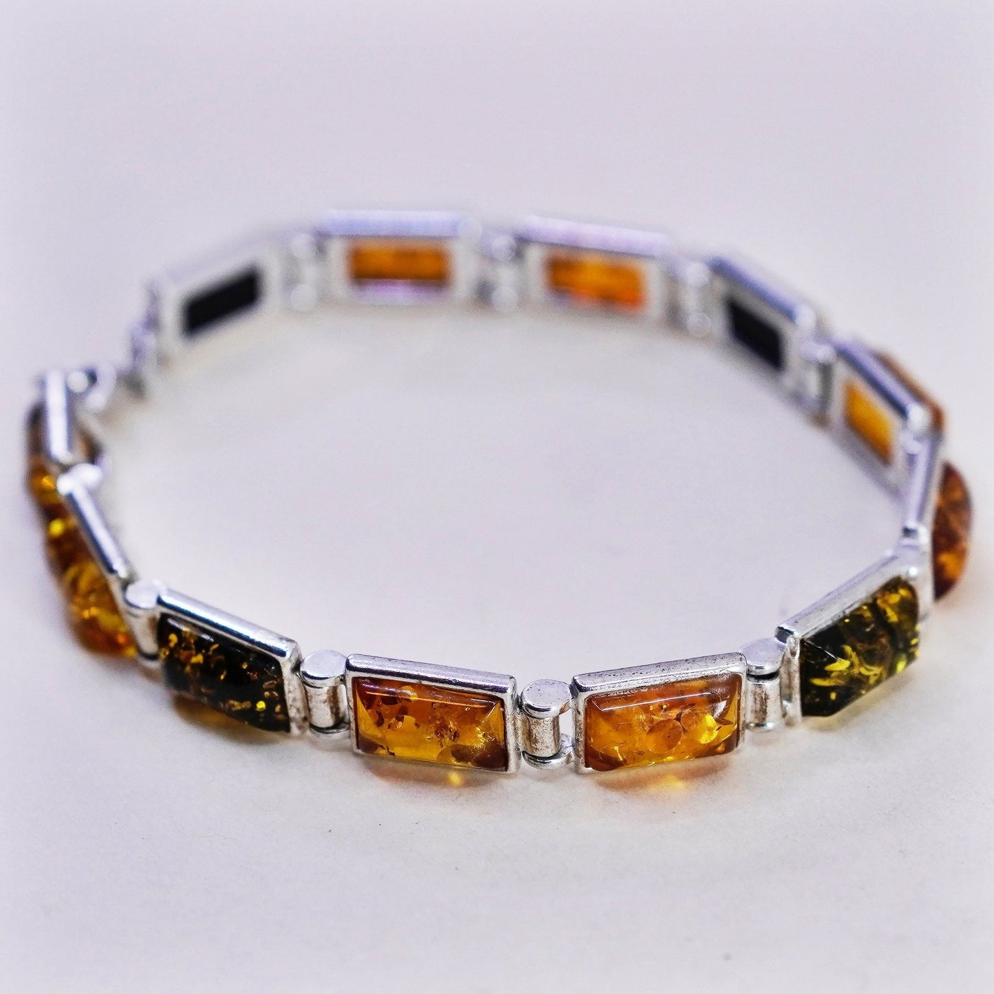 7”, Vintage sterling 925 silver handmade tennis bracelet with amber inlay