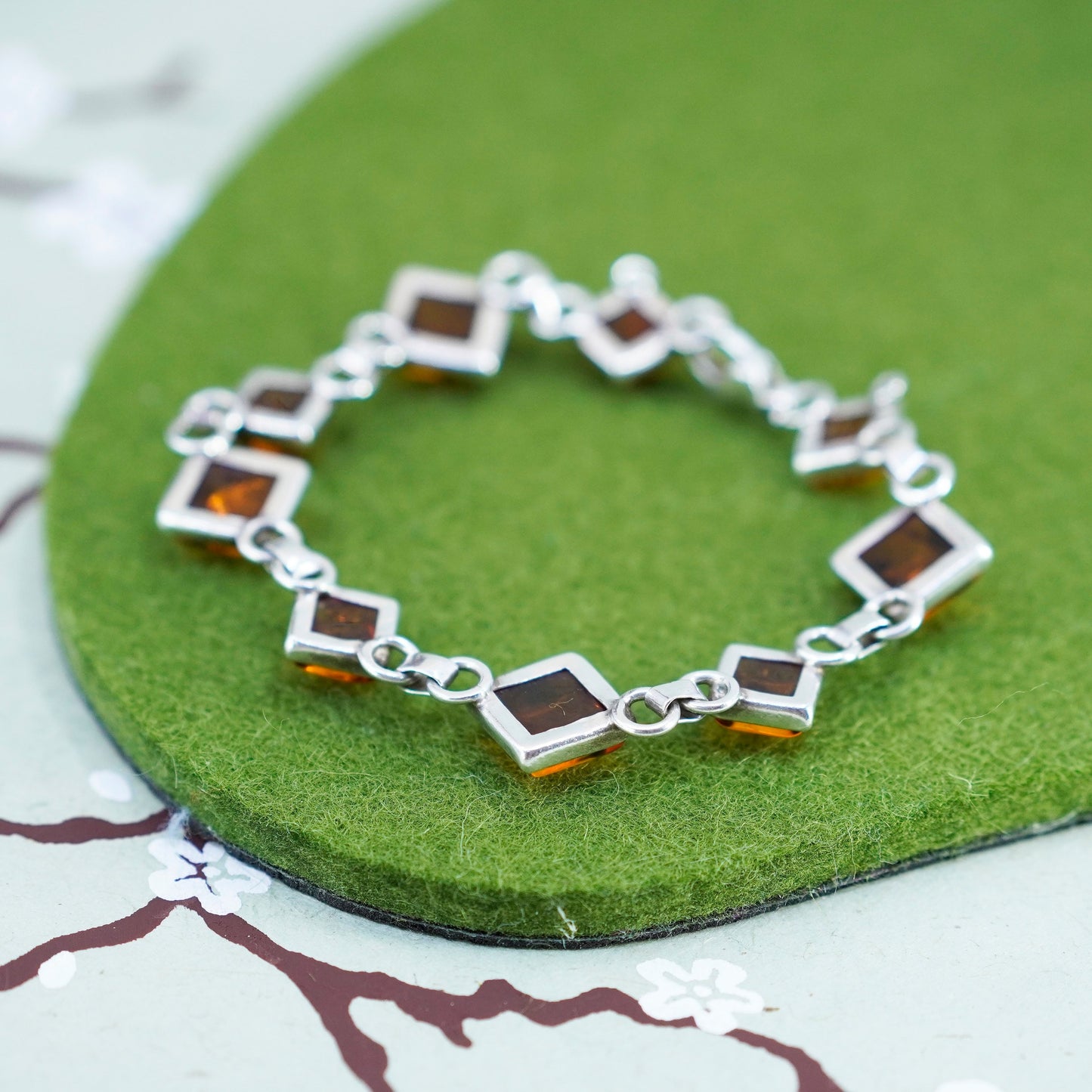 7.5”, Vintage sterling 925 silver handmade tennis bracelet with amber