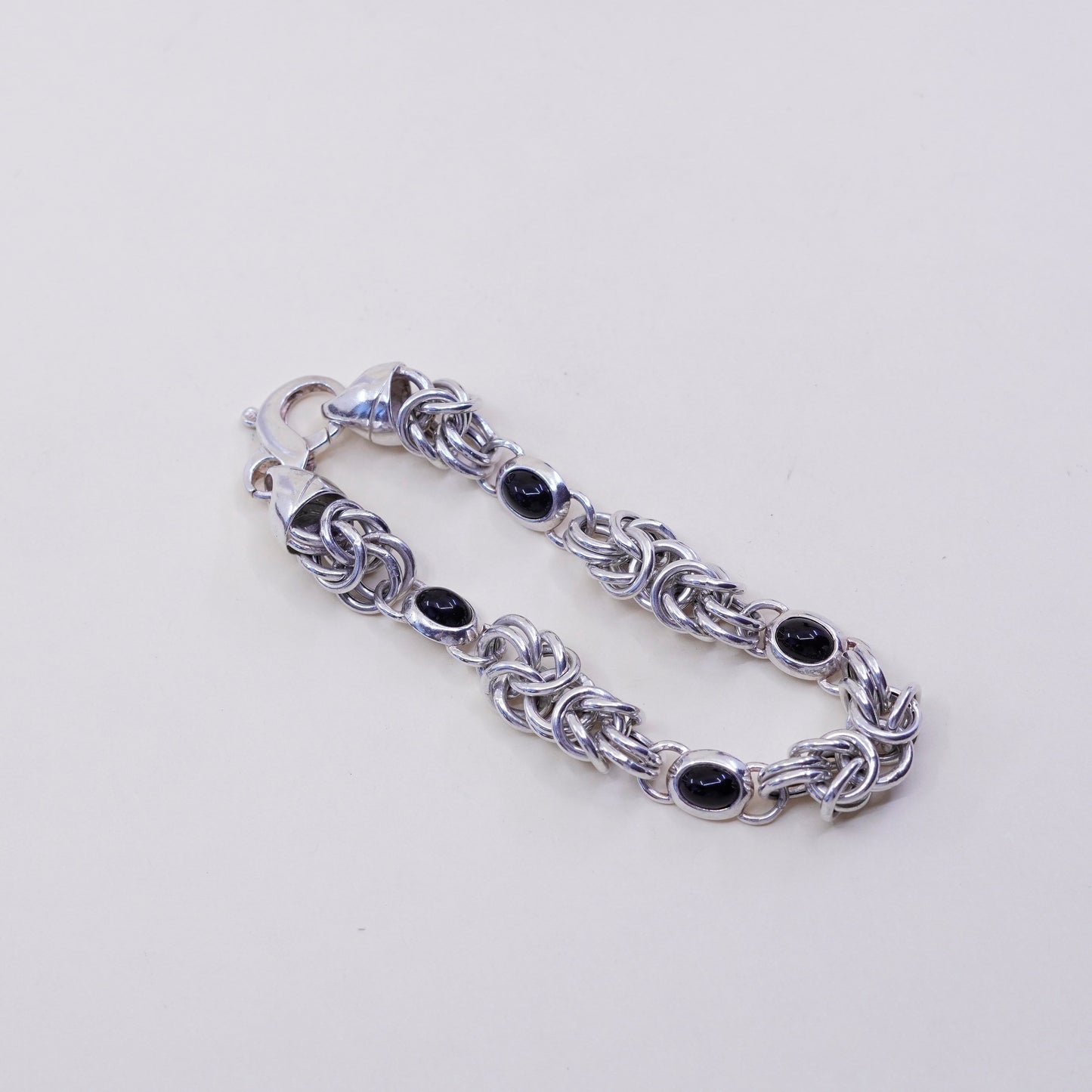 7”, Sterling silver handmade bracelet, 925 Byzantine, birdcage chain N obsidian