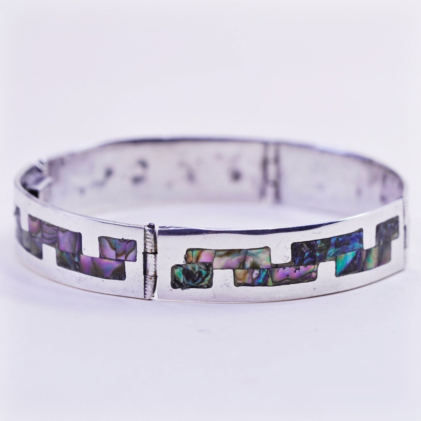 7”, vintage sterling silver handmade bracelet, 925 bar bangle with abalone