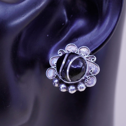 Vintage sterling 925 silver handmade screw back earrings with obsidian inlay