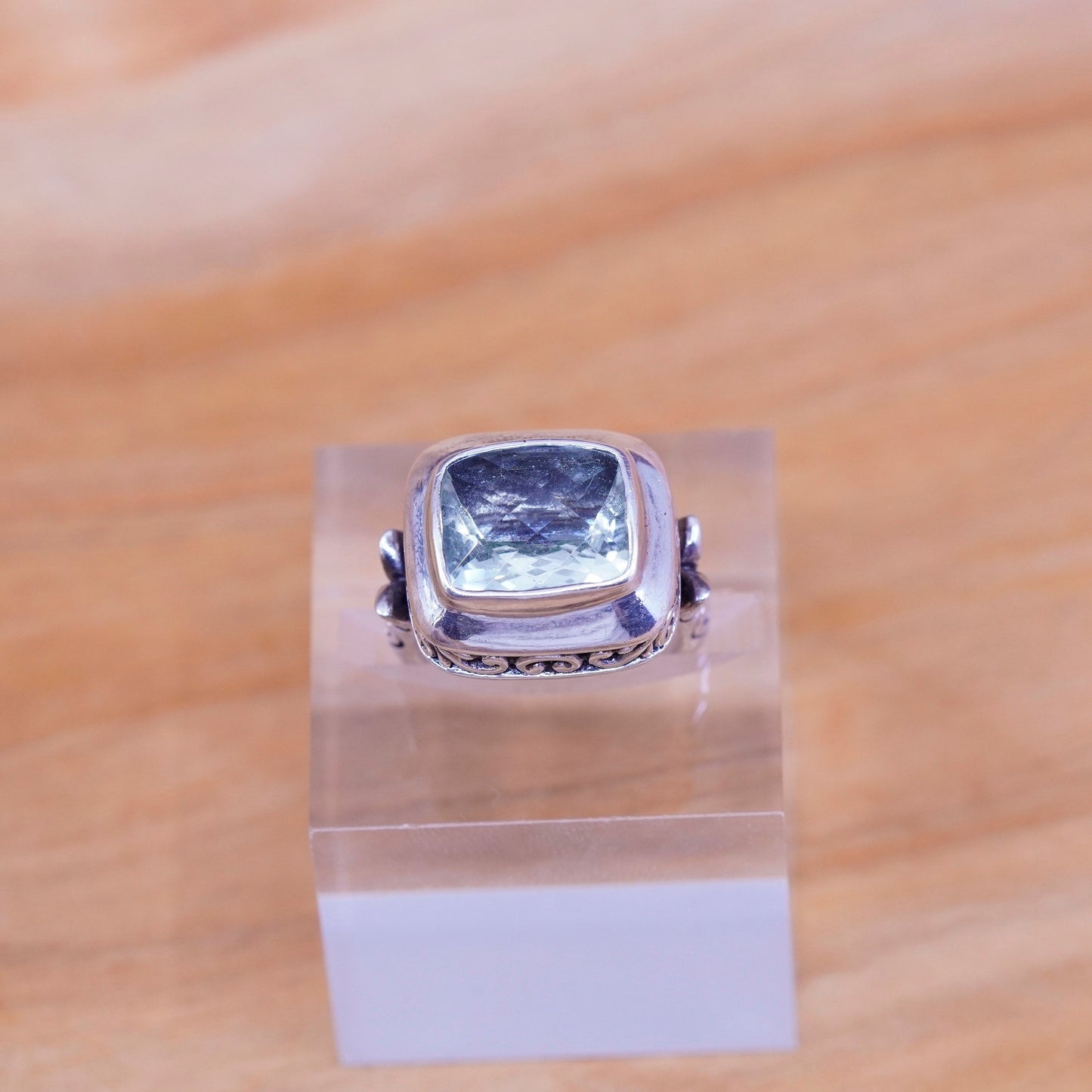 sz 5.75, AF Sterling silver handmade ring, textured 925 leafy band chrysoberyl