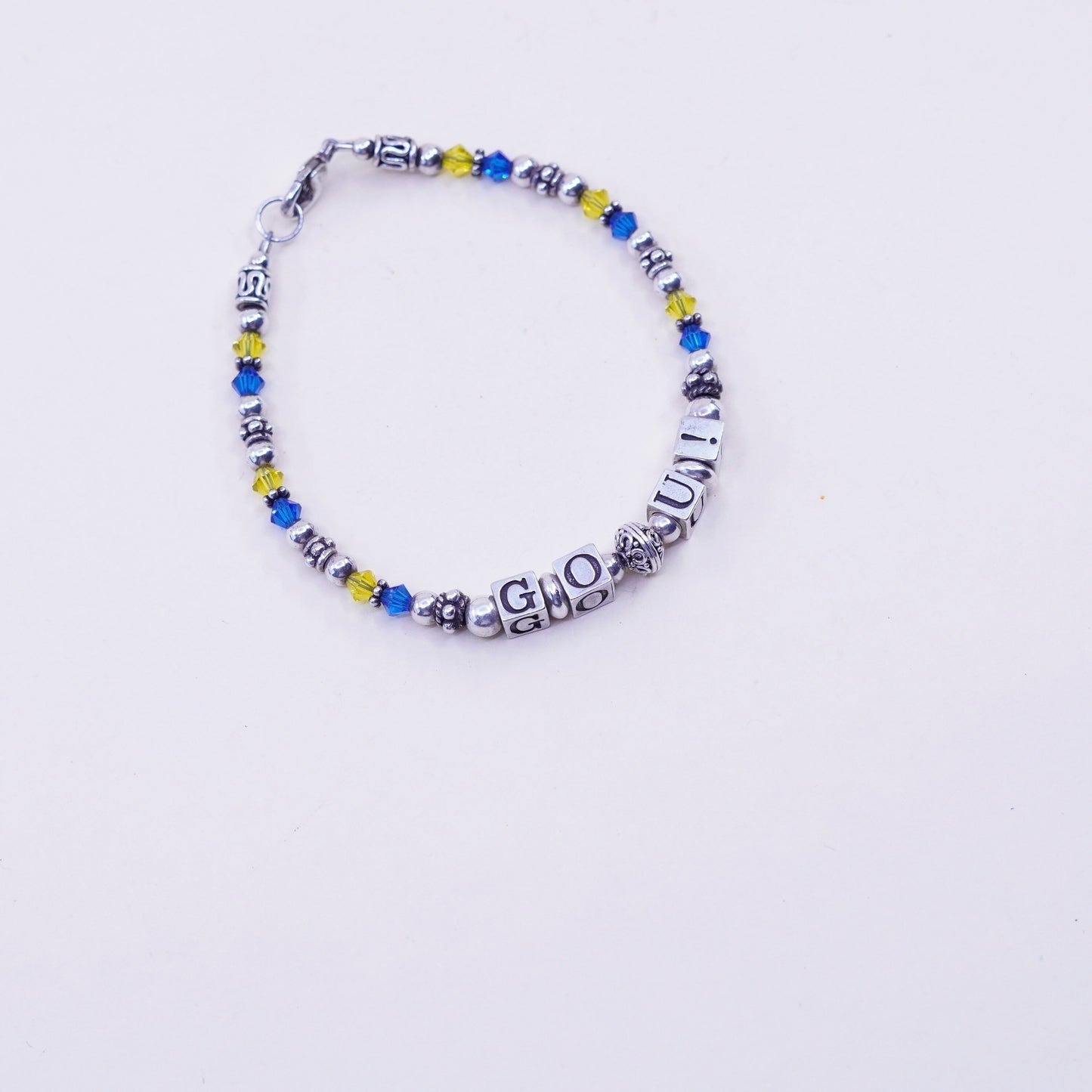 7”, handmade Sterling 925 Silver and crystal beads bracelet with “go, U!” cubes