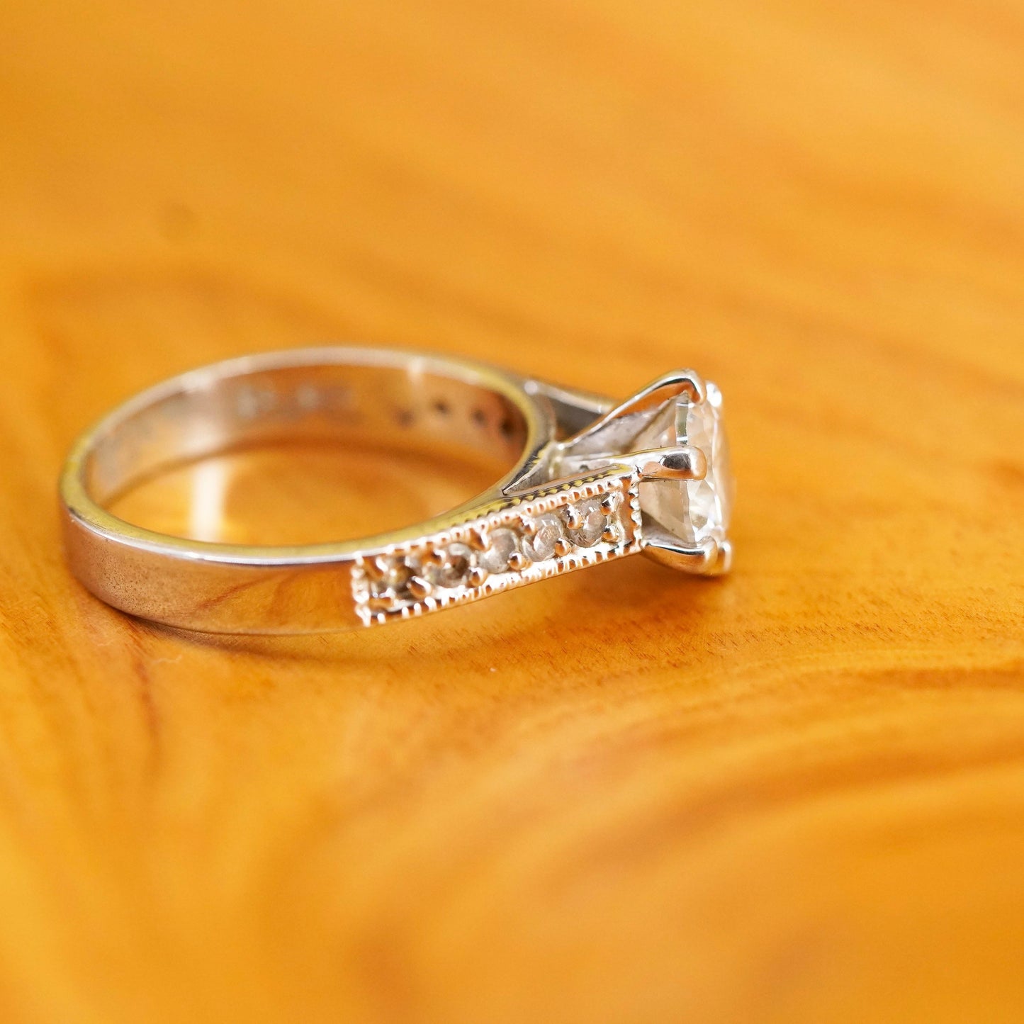 Size 8, vintage Sterling 925 silver engagement ring with crystal ring