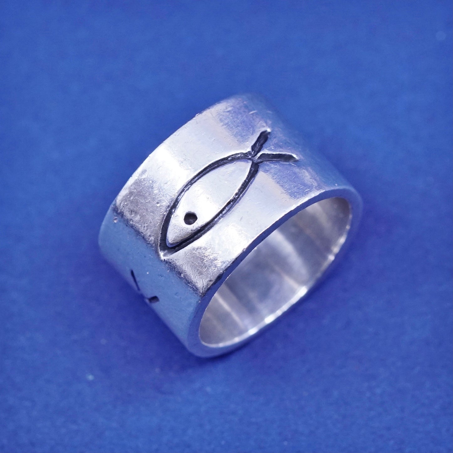 Size 5.5, vintage Sterling silver handmade ring, wide 925 prayer band with fish