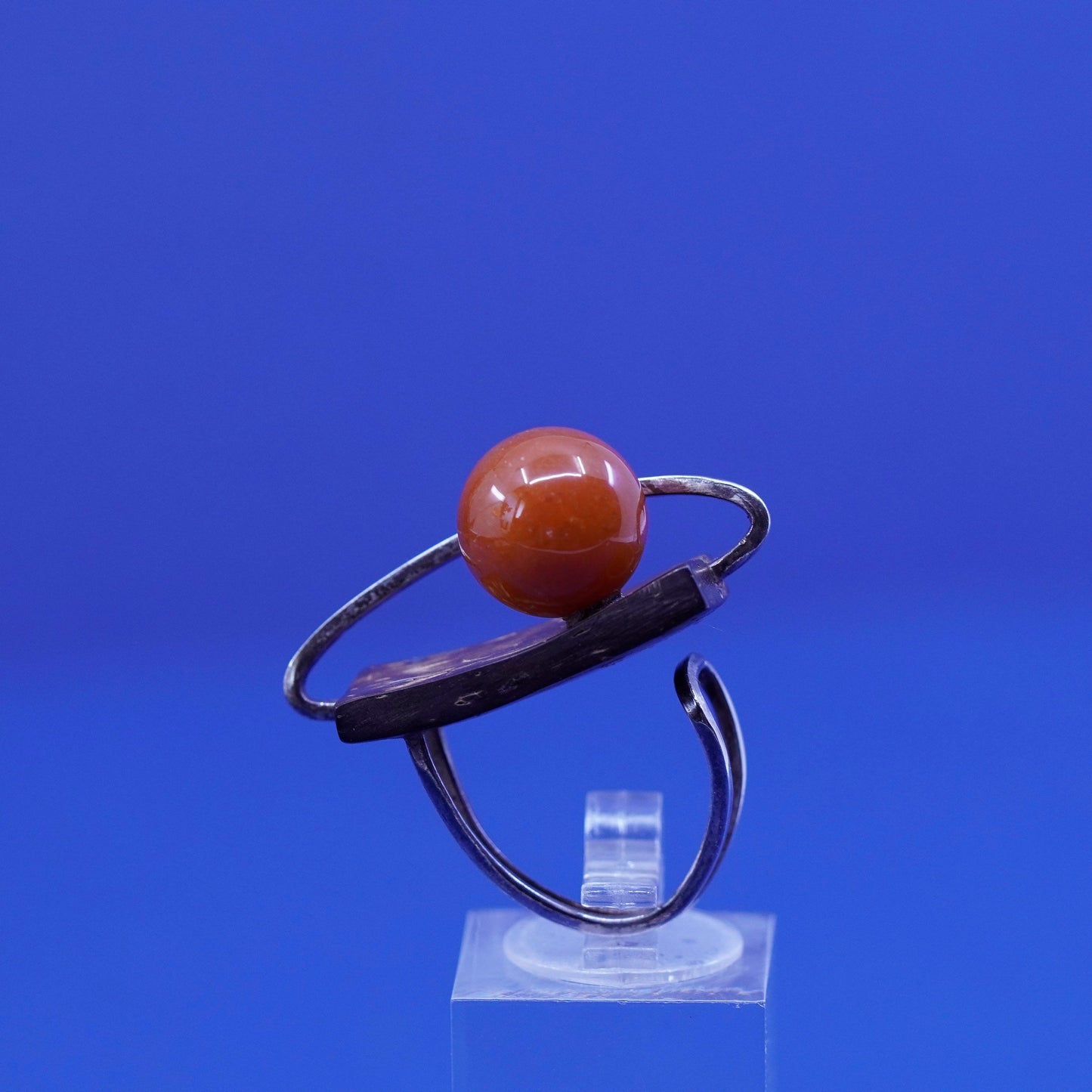 Size 4, vintage Sterling silver handmade ring carnelian wood, Native American